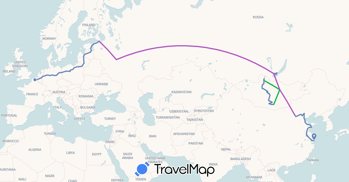 TravelMap itinerary: driving, bus, cycling, train in Belgium, China, Germany, Estonia, France, Lithuania, Latvia, Mongolia, Netherlands, Poland, Russia (Asia, Europe)